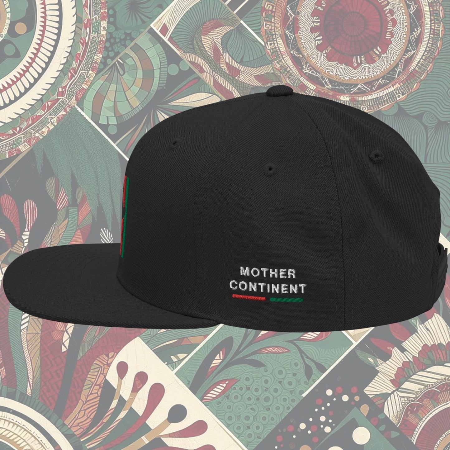 Black Africa snapback from a Black-owned business with red and black stripes as its flag and 'Mother Continent' on the side. Perfect for showing continental pride. Available now.