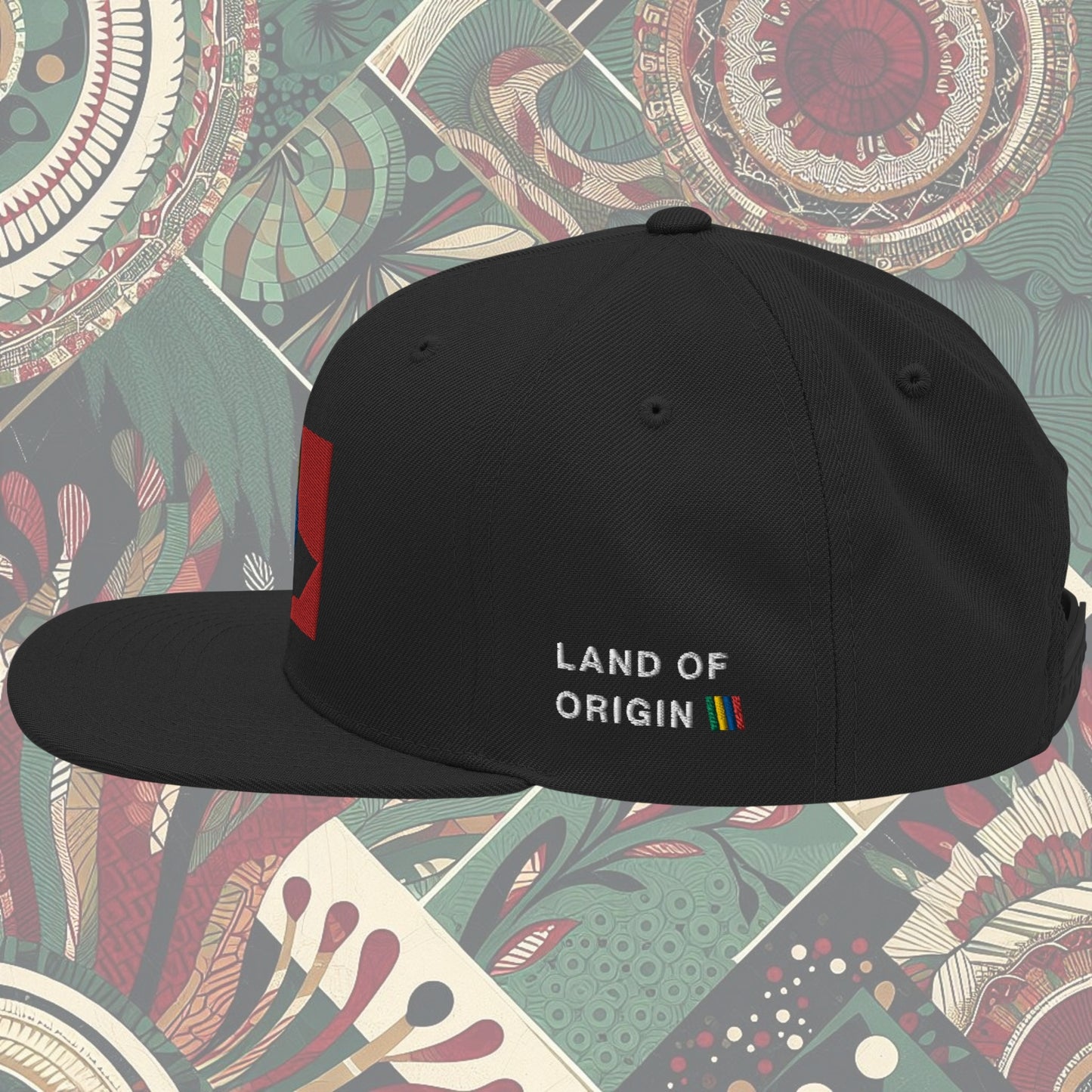 Black Ethiopia flag snapback from a Black-owned business with 'Land of Origin' on the side. Features vibrant flag colors. Perfect for showing national pride. Available now.
