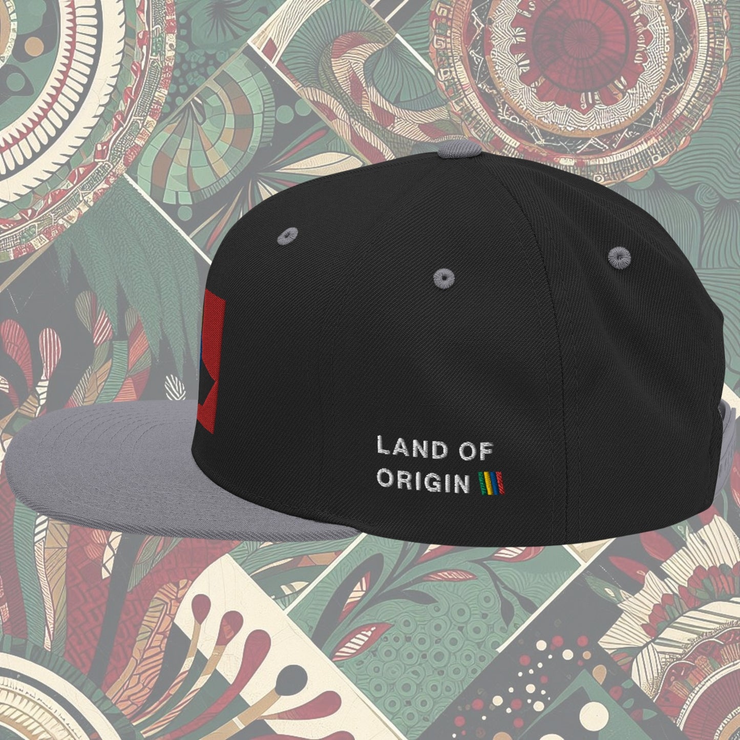 grey brim Ethiopia flag snapback from a Black-owned business with 'Land of Origin' on the side. Features vibrant flag colors. Perfect for showing national pride. Available now.