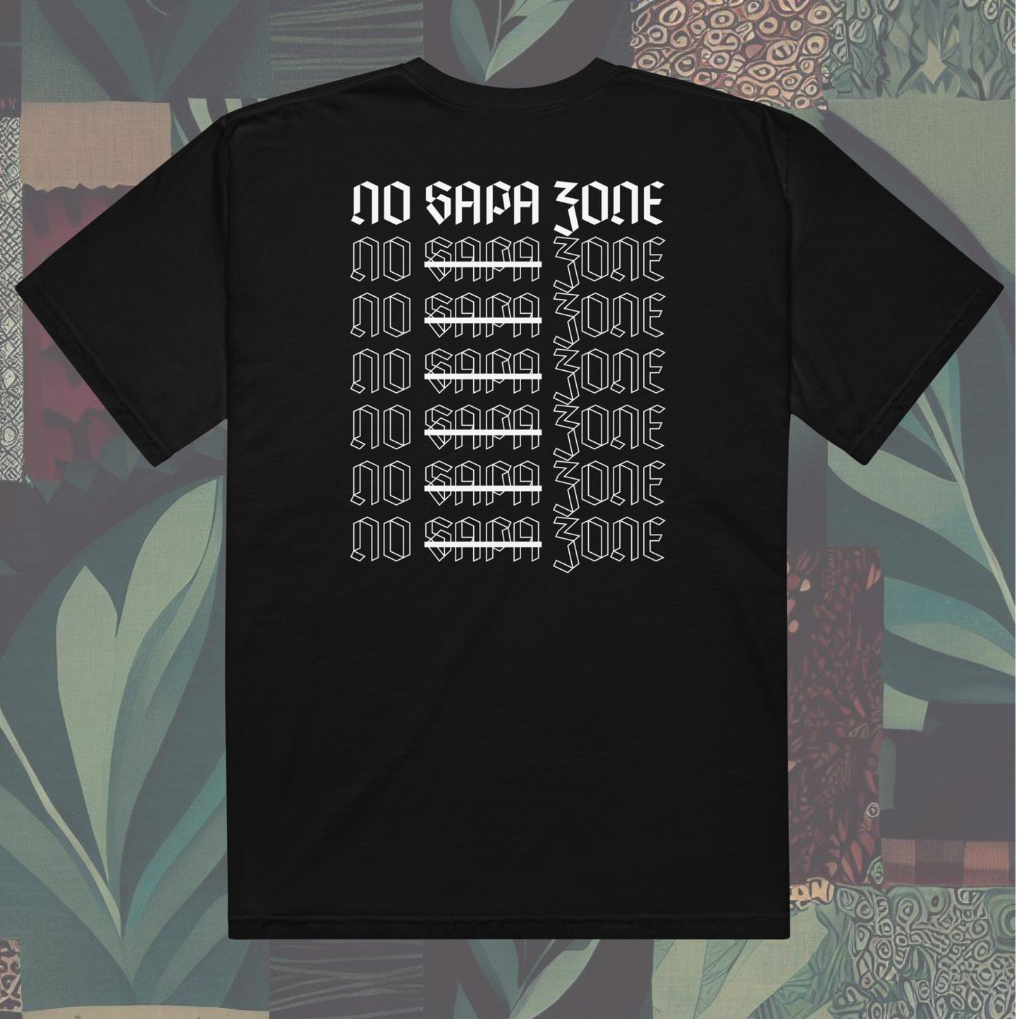 BACK of T-SHIRT featuring a front design of a bundle of cash in flames and NSZ and 'No Sapa Zone' written on the back. Bold statement piece perfect for showcasing a unique style.