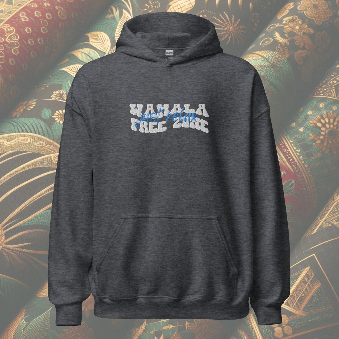 Dark HEATHER grey Hoodie featuring 'Wahala Free Zone' with 'Just Relax' in blue text overlapping the design. A stylish and calming statement piece perfect for everyday comfort.
