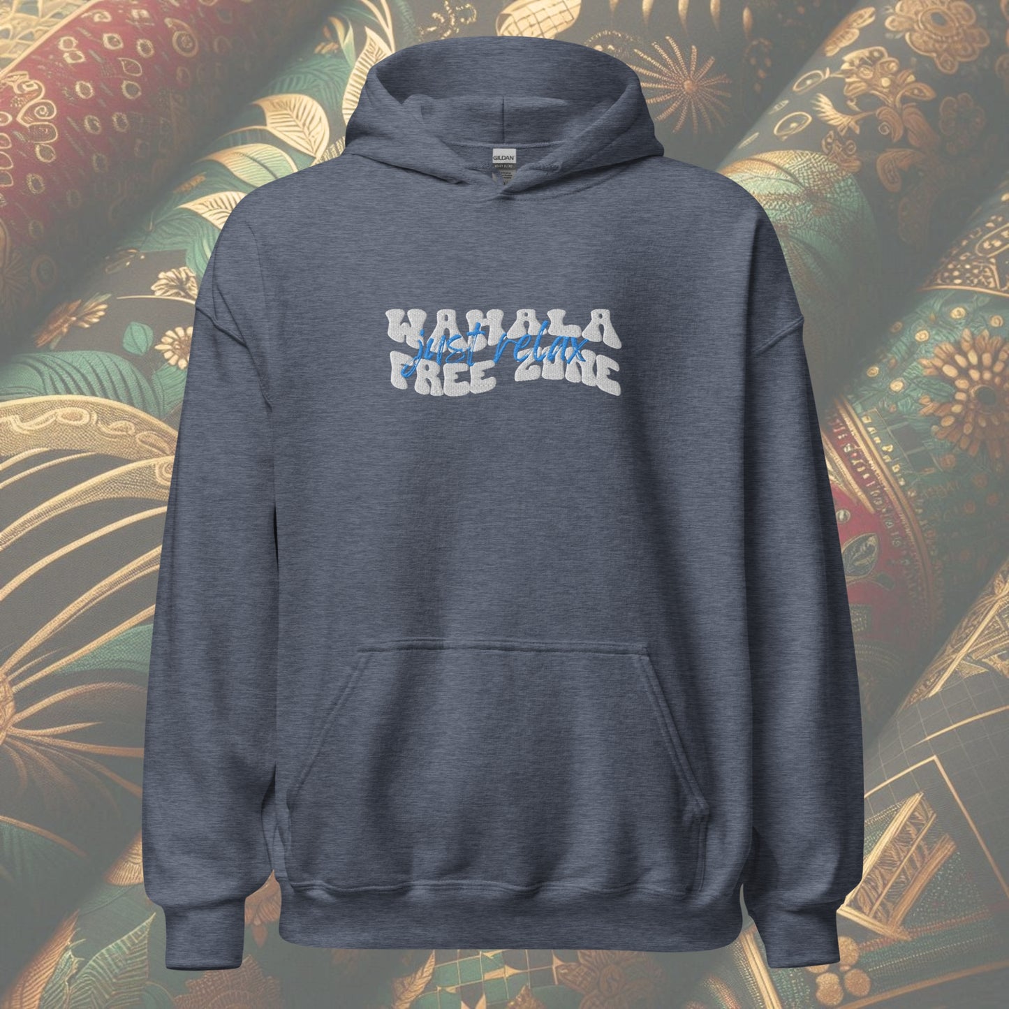 Heather sport dark navy Hoodie featuring 'Wahala Free Zone' with 'Just Relax' in blue text overlapping the design. A stylish and calming statement piece perfect for everyday comfort.