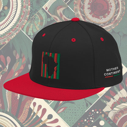 red brimAfrica snapback from a Black-owned business with red and black stripes as its flag and 'Mother Continent' on the side. Perfect for showing continental pride. Available now.