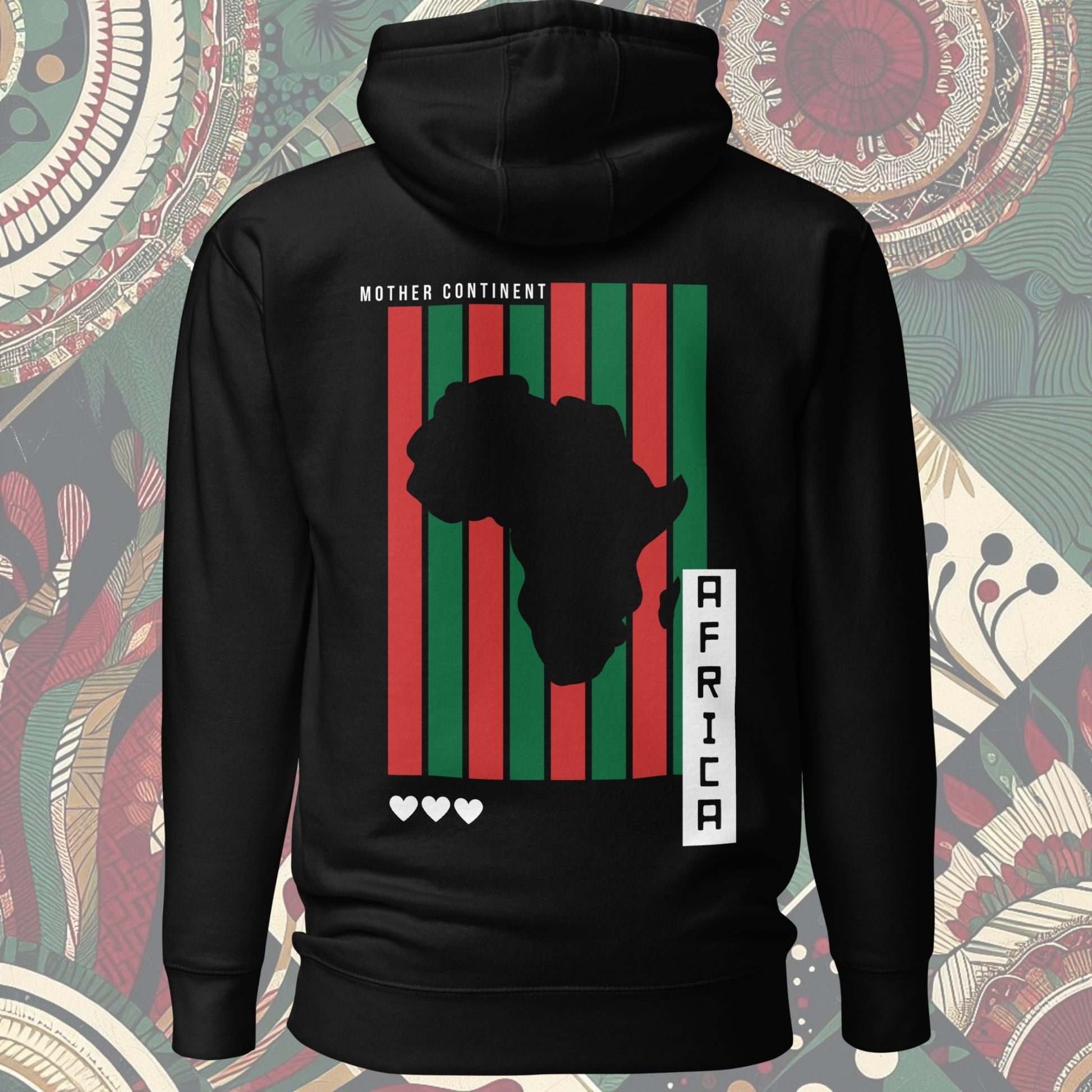 Bakc of Africa hoodie from a Black-owned business with red and black stripes as its flag and 'Mother Continent' on the back. Perfect for showing continental pride. Available now.