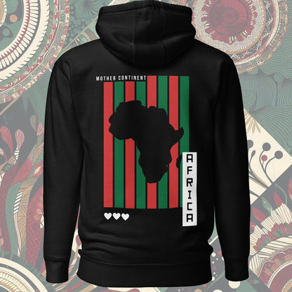 Bakc of Africa hoodie from a Black-owned business with red and black stripes as its flag and 'Mother Continent' on the back. Perfect for showing continental pride. Available now.