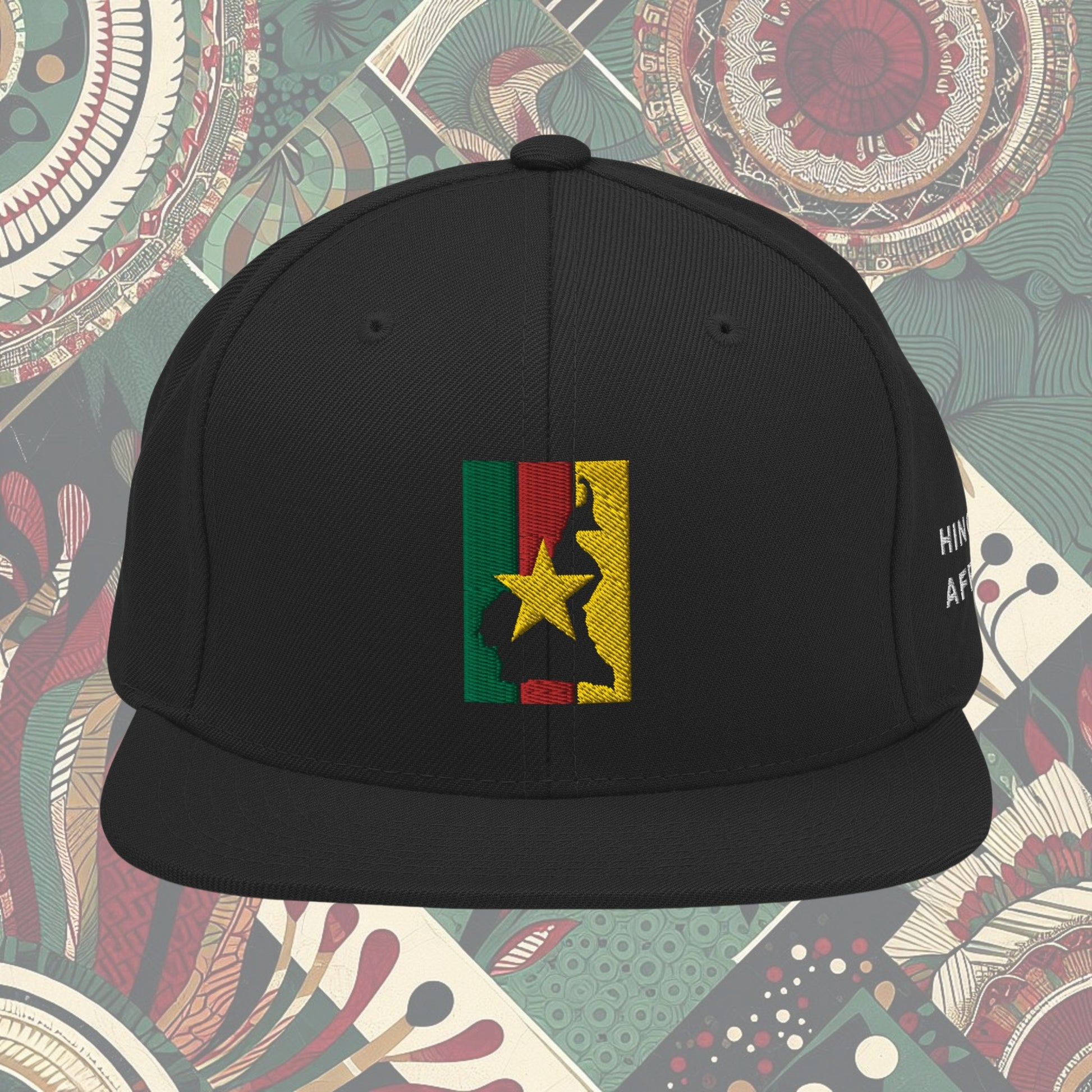 Cameroonian flag snapback from a Black-owned business with 'Hinge of Africa' on the side. Features vibrant green, red, and yellow colors with a central yellow star. Perfect for showing national pride and supporting Black-owned businesses. Available now.
