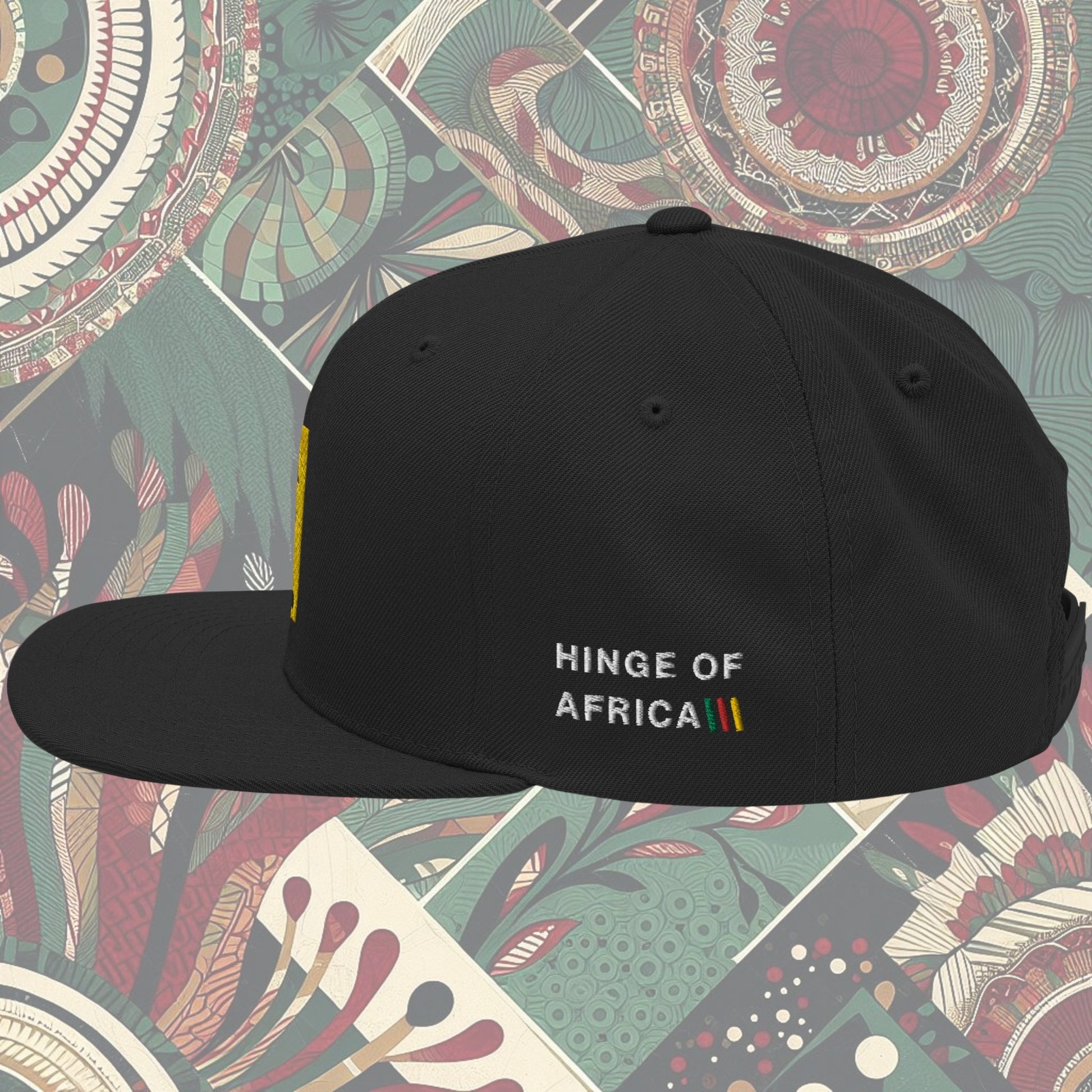 Cameroonian flag snapback from a Black-owned business with 'Hinge of Africa' on the side. Features vibrant green, red, and yellow colors with a central yellow star. Perfect for showing national pride and supporting Black-owned businesses. Available now.
