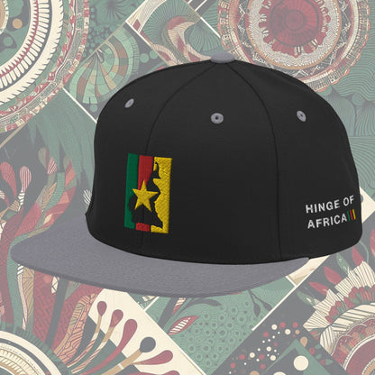 Cameroonian flag grey brim snapback from a Black-owned business with 'Hinge of Africa' on the side. Features vibrant green, red, and yellow colors with a central yellow star. Perfect for showing national pride and supporting Black-owned businesses. Available now.