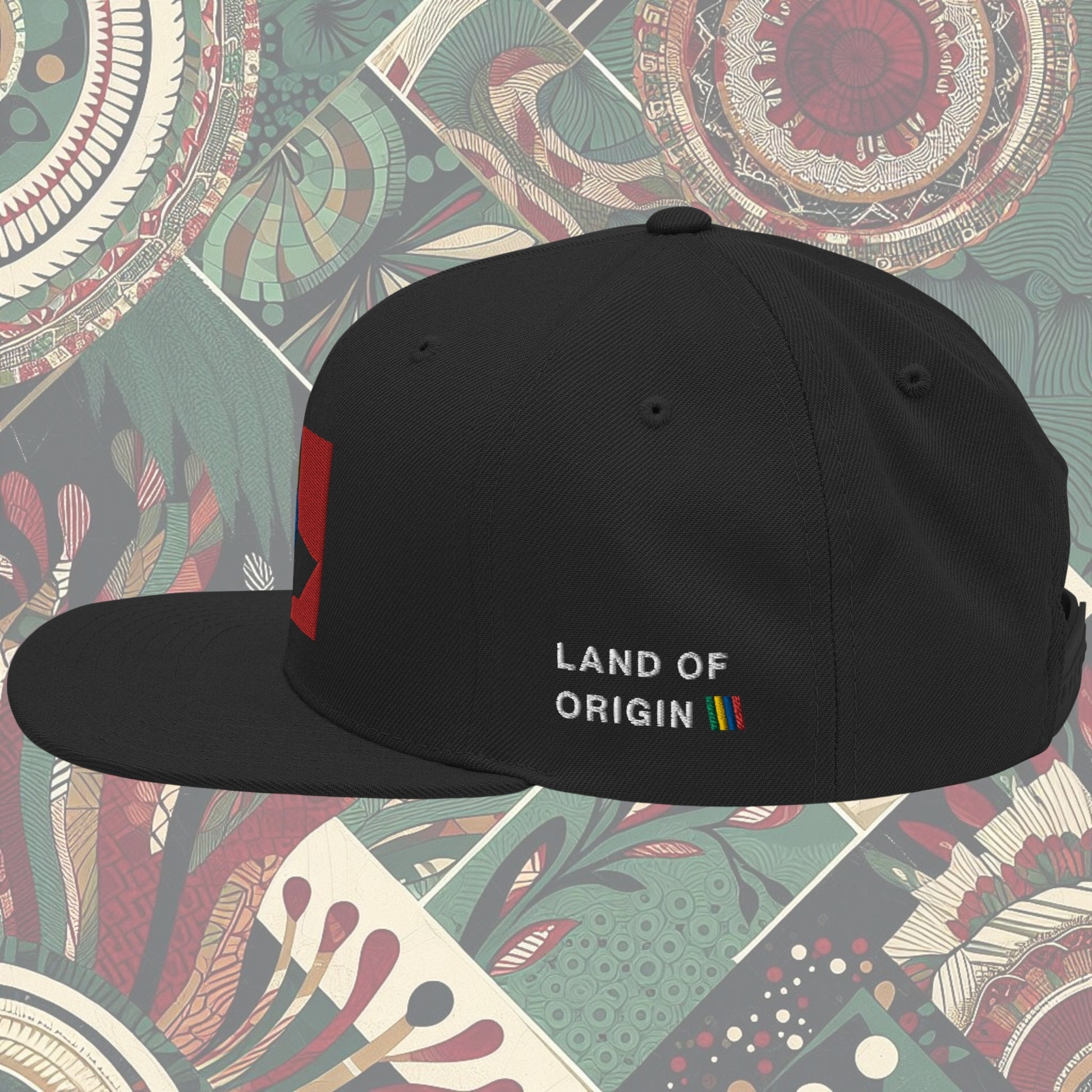 Black Ethiopia flag snapback from a Black-owned business with 'Land of Origin' on the side. Features vibrant flag colors. Perfect for showing national pride. Available now.