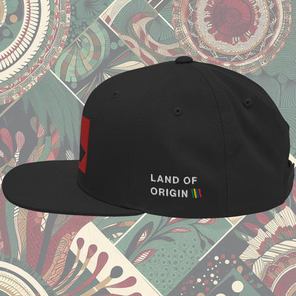 Black Ethiopia flag snapback from a Black-owned business with 'Land of Origin' on the side. Features vibrant flag colors. Perfect for showing national pride. Available now.