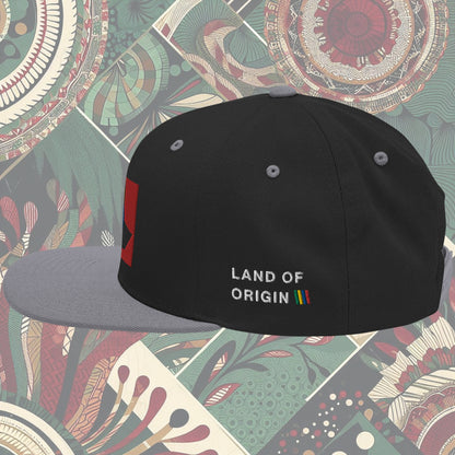 grey brim Ethiopia flag snapback from a Black-owned business with 'Land of Origin' on the side. Features vibrant flag colors. Perfect for showing national pride. Available now.