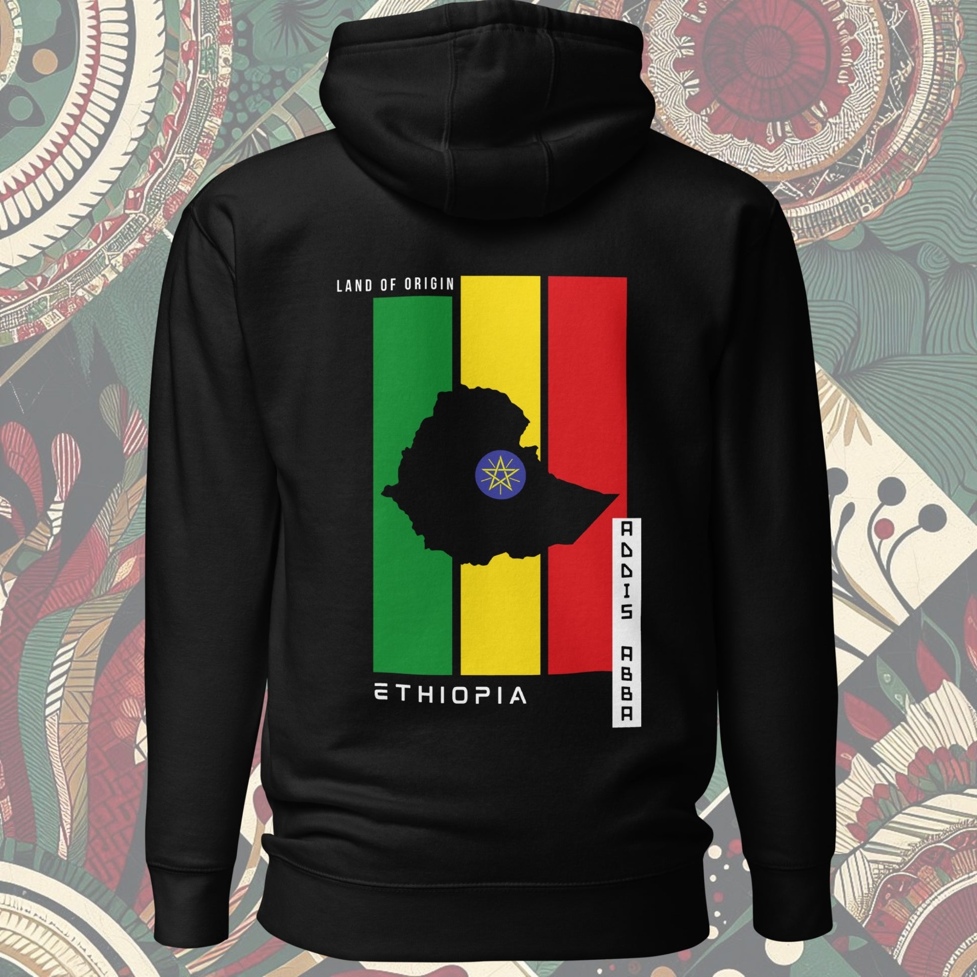 The back of a Ethiopia flag hoodie from a Black-owned business with 'Land of Origin' on the back. Features vibrant flag colors. Perfect for showing national pride. Available now.