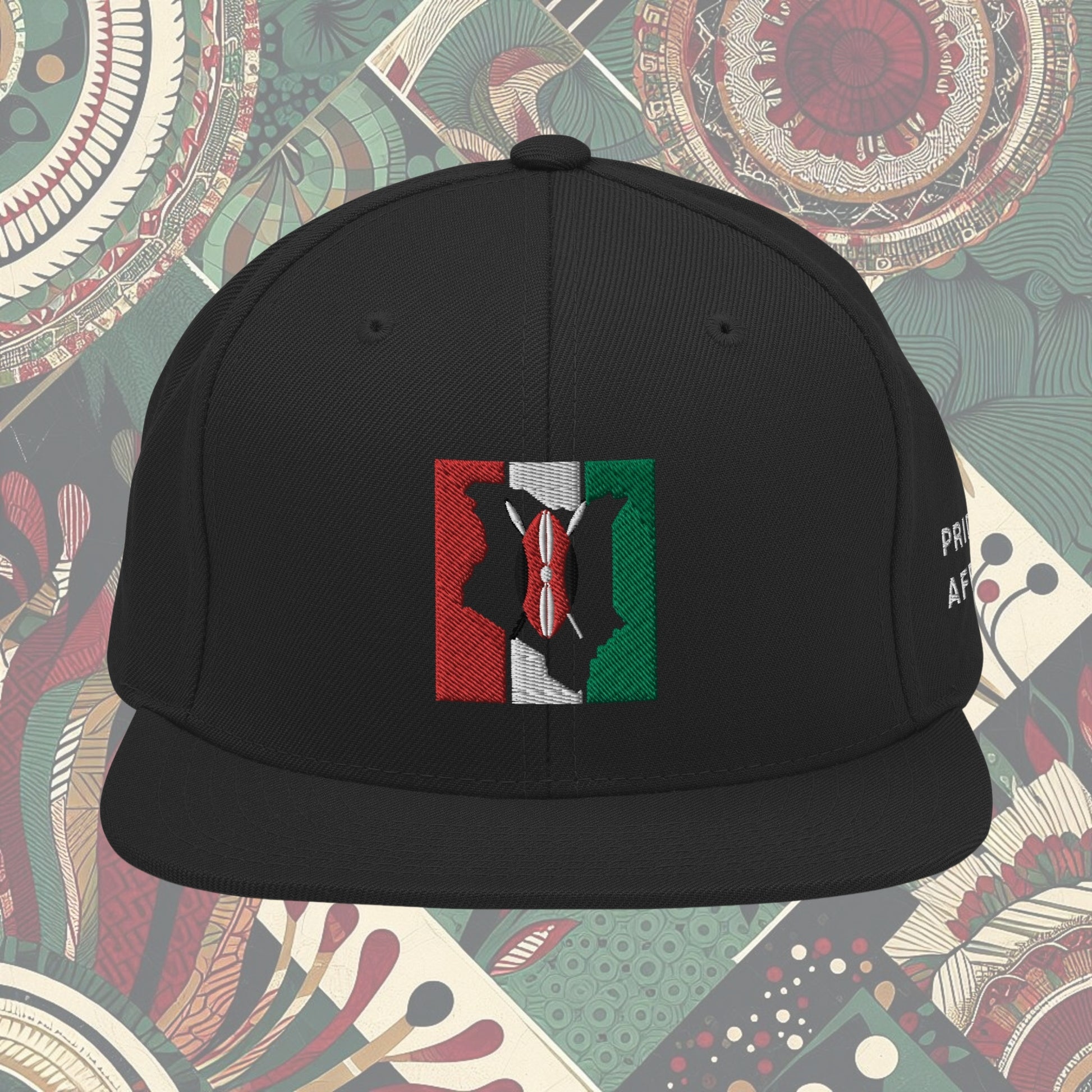 Kenya flag snapback with 'Pride of Africa' written on the side. Features vibrant flag colors and a bold statement. Ideal for showcasing pride and enhancing your style.