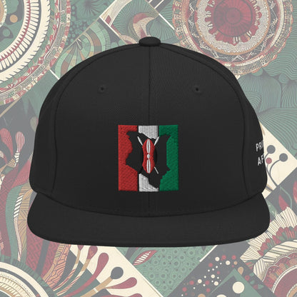 Kenya flag snapback with 'Pride of Africa' written on the side. Features vibrant flag colors and a bold statement. Ideal for showcasing pride and enhancing your style.