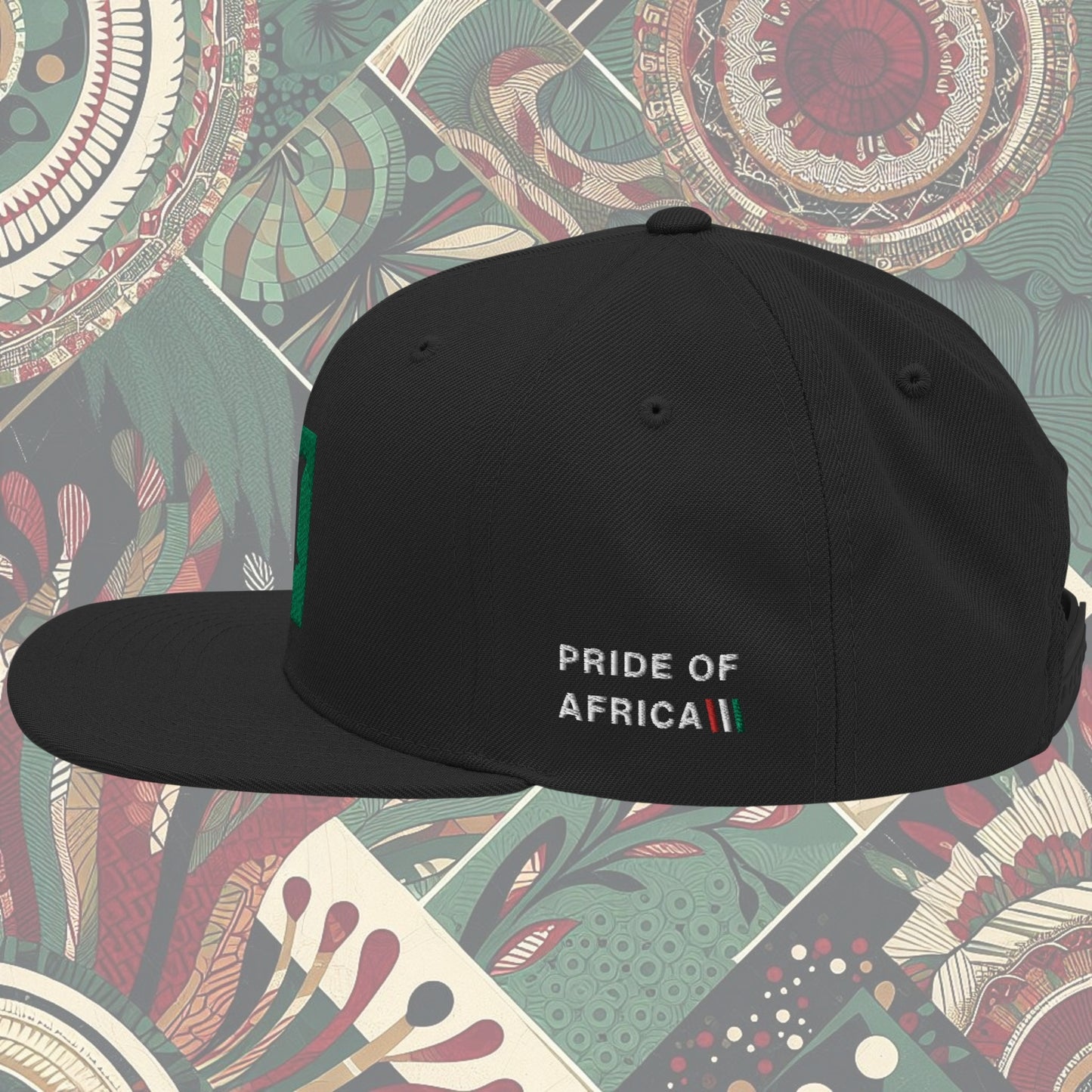 Kenya flag snapback with 'Pride of Africa' written on the side. Features vibrant flag colors and a bold statement. Ideal for showcasing pride and enhancing your style.
