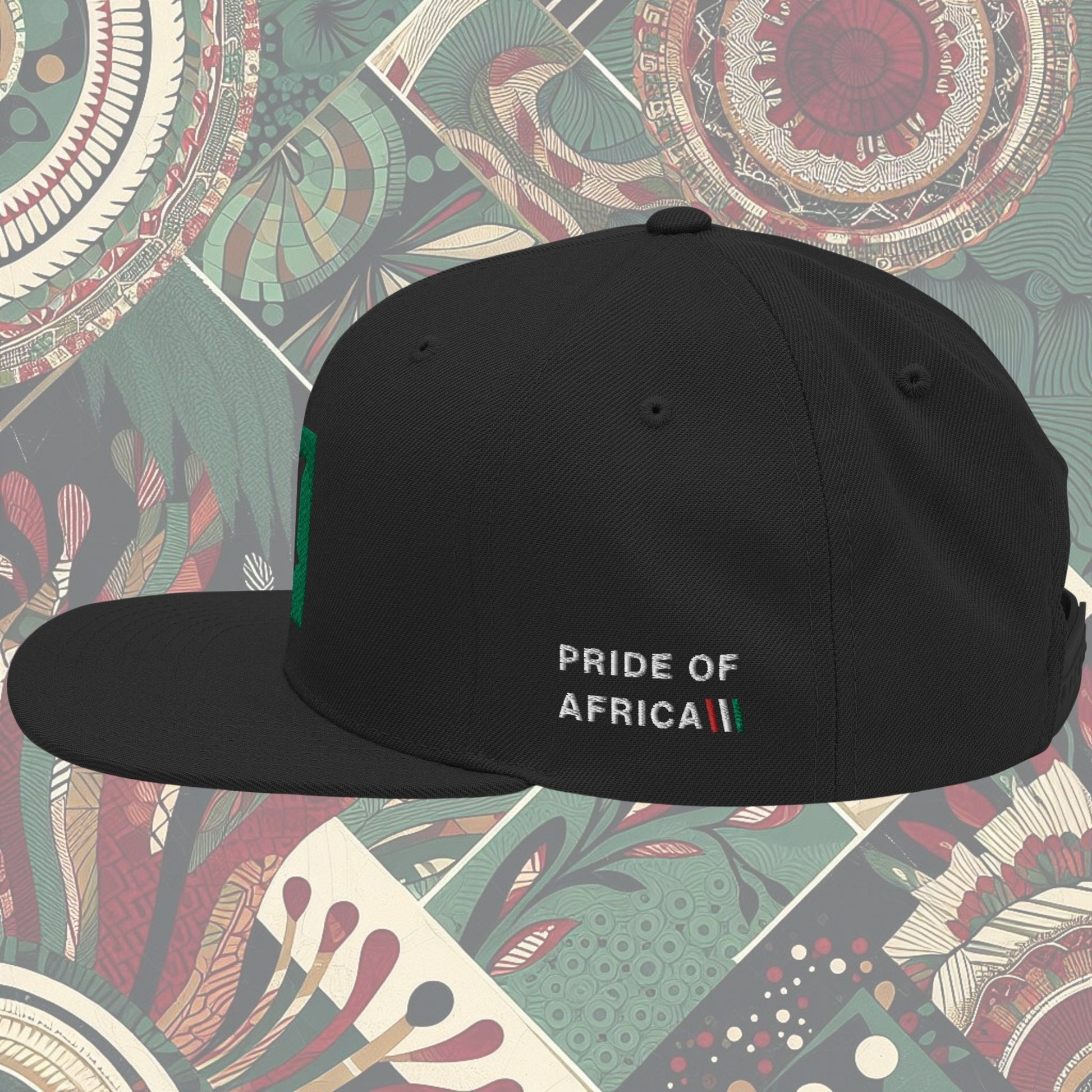Kenya flag snapback with 'Pride of Africa' written on the side. Features vibrant flag colors and a bold statement. Ideal for showcasing pride and enhancing your style.