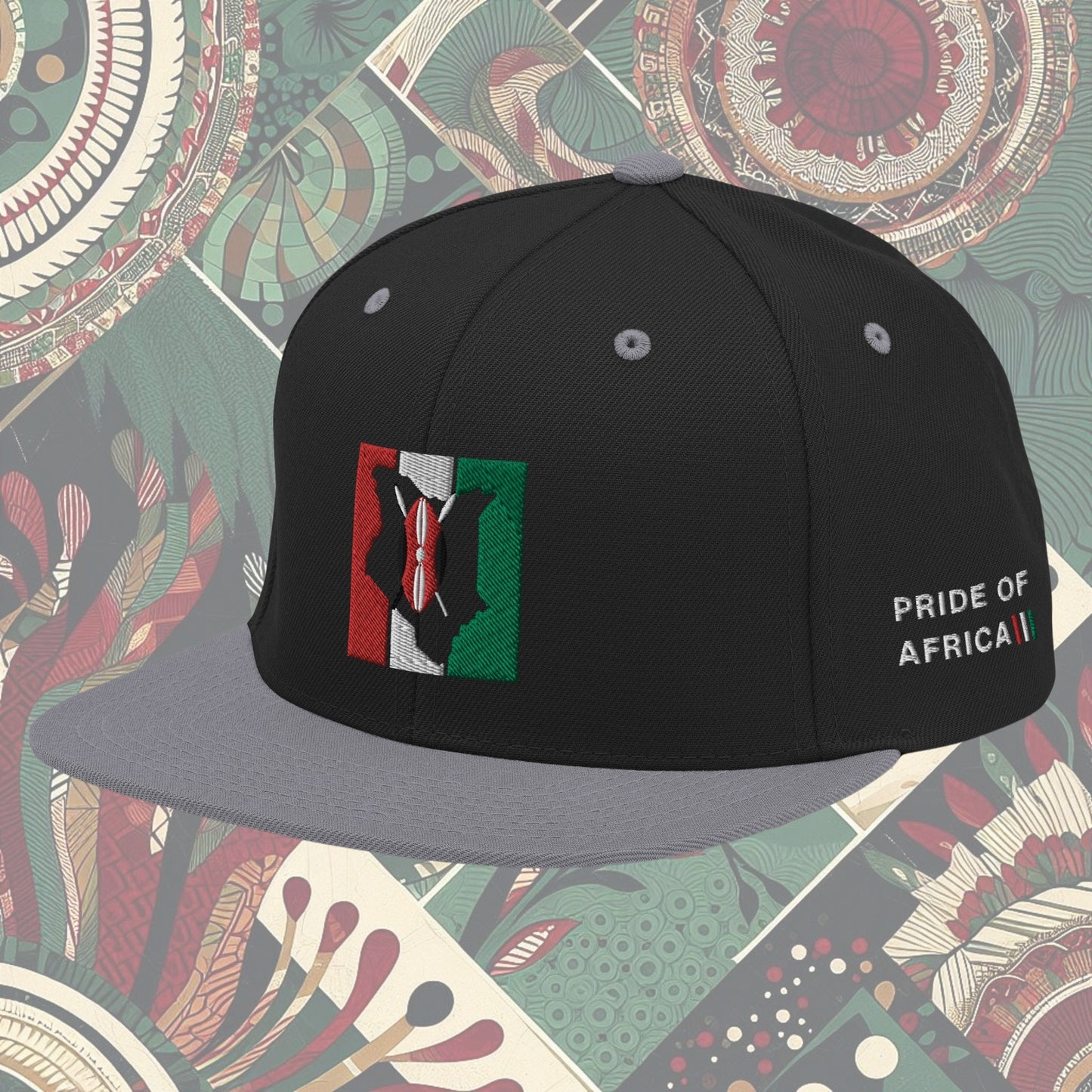 Grey brim Kenya flag snapback with 'Pride of Africa' written on the side. Features vibrant flag colors and a bold statement. Ideal for showcasing pride and enhancing your style.