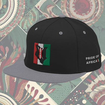 Grey brim Kenya flag snapback with 'Pride of Africa' written on the side. Features vibrant flag colors and a bold statement. Ideal for showcasing pride and enhancing your style.