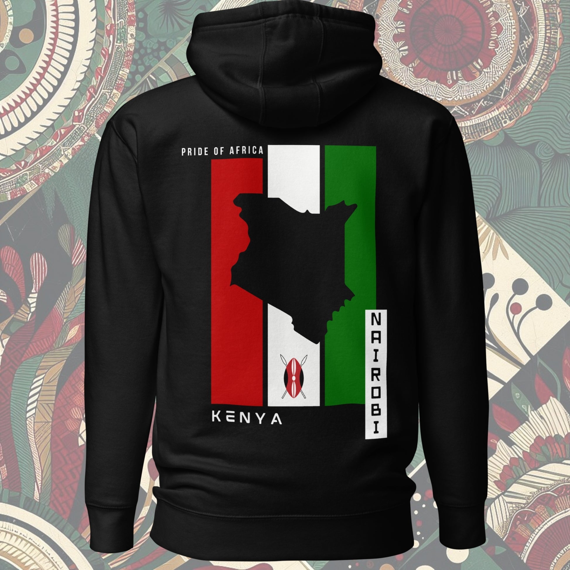 Back of Kenya flag hoodie with 'Pride of Africa' written on the back. Features vibrant flag colors and a bold statement. Perfect for showcasing pride and adding a stylish touch to your wardrobe. 