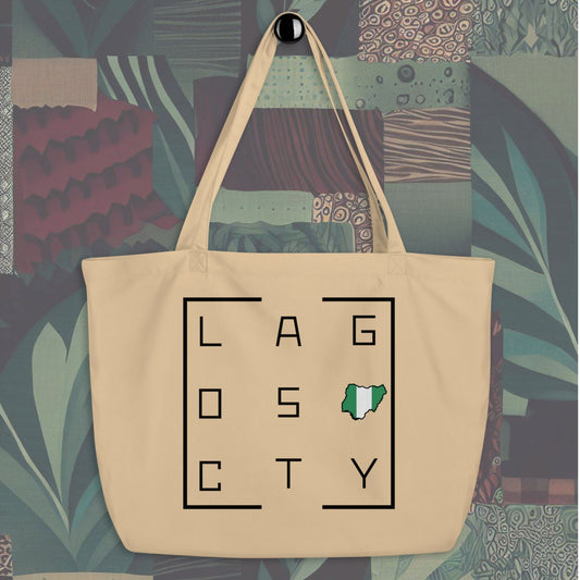 Lagos City organic tote bag from a Black-owned business. Features a stylish design with 'Lagos City' text. Perfect for eco-friendly shopping. Available now.