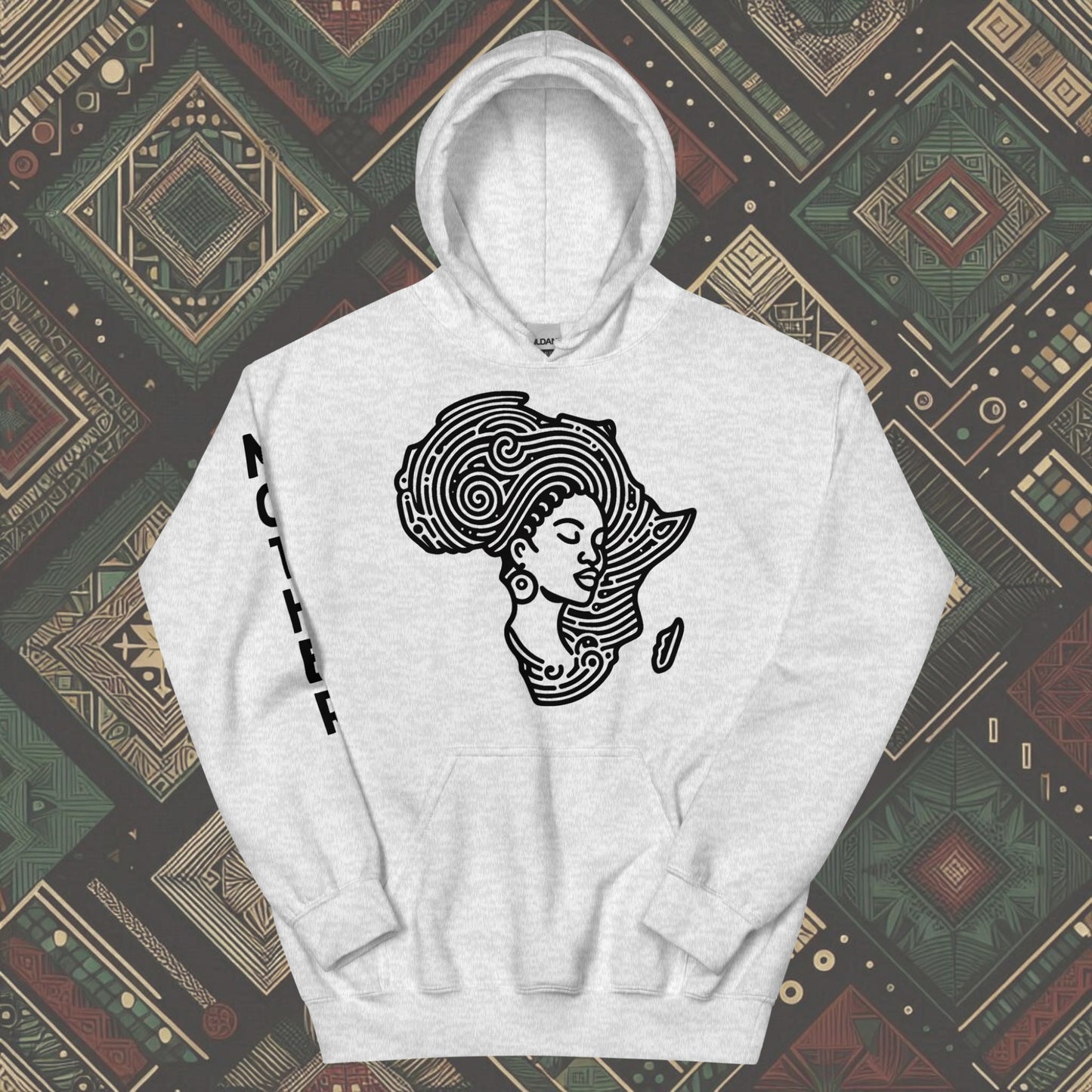 Ash Hoodie featuring a woman's silhouette embedded in the African continent, with "MOTHER" printed on the right sleeve. Available in various colors and sizes (S-5XL).