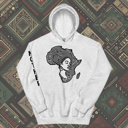 Ash Hoodie featuring a woman's silhouette embedded in the African continent, with "MOTHER" printed on the right sleeve. Available in various colors and sizes (S-5XL).