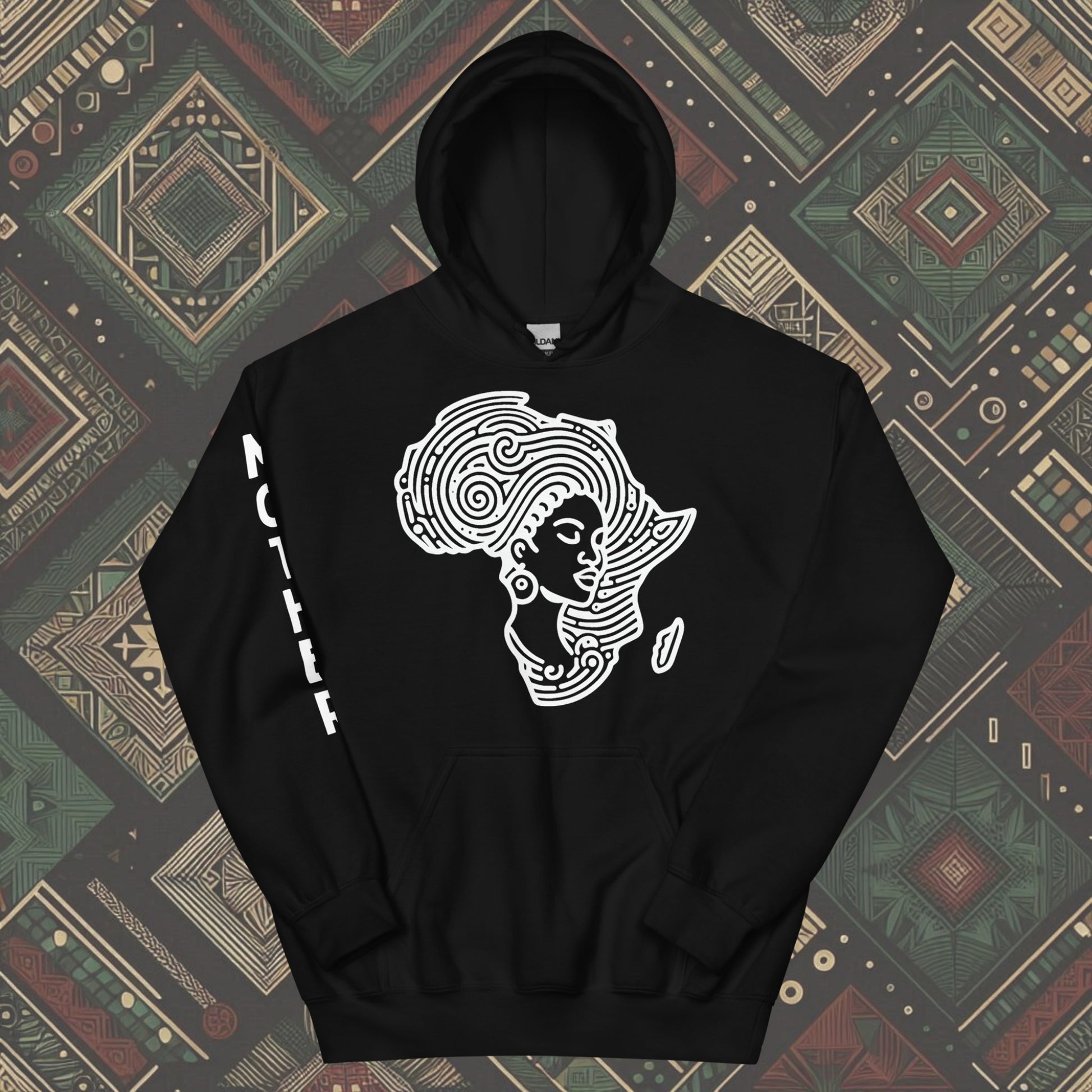 Black Hoodie featuring a woman's silhouette embedded in the African continent, with "MOTHER" printed on the right sleeve. Available in various colors and sizes (S-5XL).