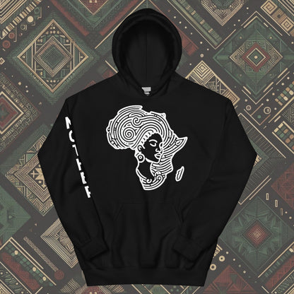 Black Hoodie featuring a woman's silhouette embedded in the African continent, with "MOTHER" printed on the right sleeve. Available in various colors and sizes (S-5XL).