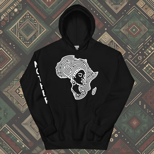 Black Hoodie featuring a woman's silhouette embedded in the African continent, with "MOTHER" printed on the right sleeve. Available in various colors and sizes (S-5XL).