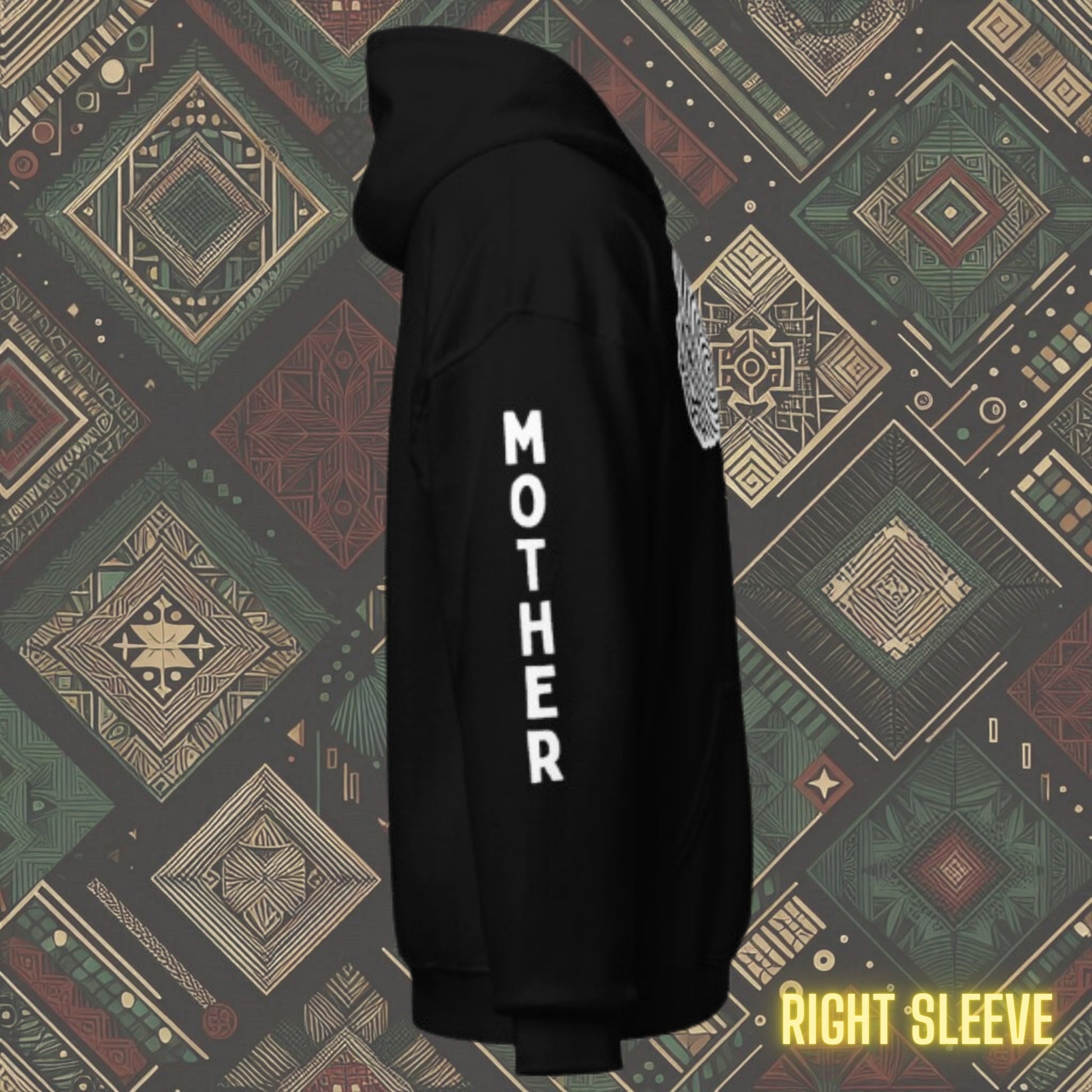 Right sleeve of black Hoodie featuring a woman's silhouette embedded in the African continent, with "MOTHER" printed on the right sleeve. Available in various colors and sizes (S-5XL).