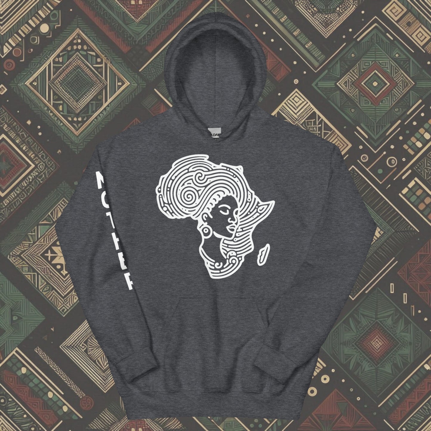 Dark Heather Hoodie featuring a woman's silhouette embedded in the African continent, with "MOTHER" printed on the right sleeve. Available in various colors and sizes (S-5XL).