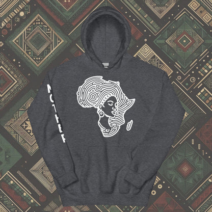Dark Heather Hoodie featuring a woman's silhouette embedded in the African continent, with "MOTHER" printed on the right sleeve. Available in various colors and sizes (S-5XL).