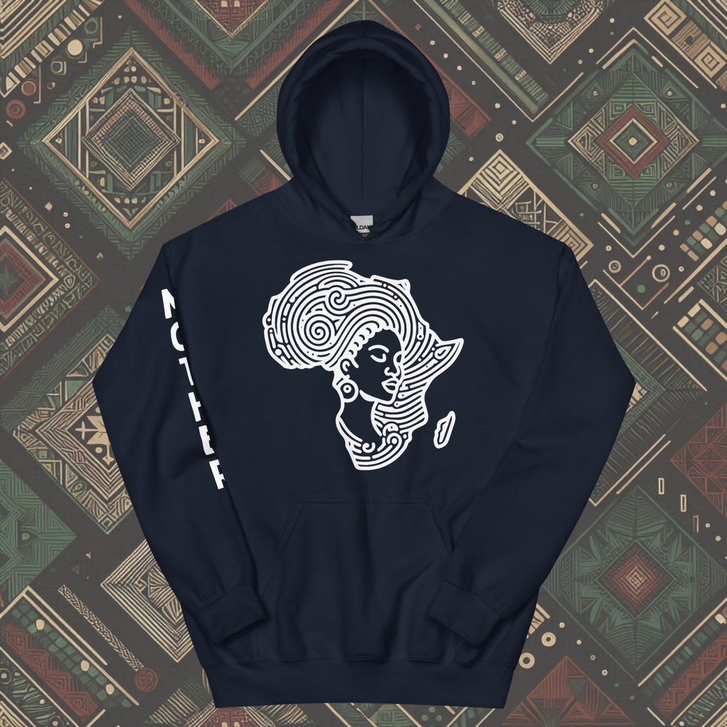 Navy Hoodie featuring a woman's silhouette embedded in the African continent, with "MOTHER" printed on the right sleeve. Available in various colors and sizes (S-5XL).
