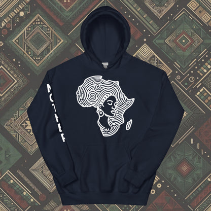 Navy Hoodie featuring a woman's silhouette embedded in the African continent, with "MOTHER" printed on the right sleeve. Available in various colors and sizes (S-5XL).