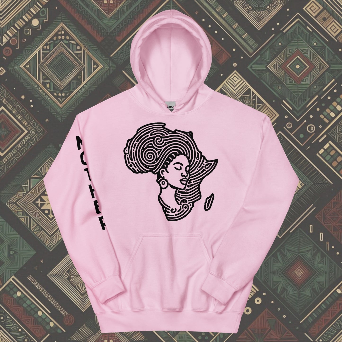 Pink Hoodie featuring a woman's silhouette embedded in the African continent, with "MOTHER" printed on the right sleeve. Available in various colors and sizes (S-5XL).