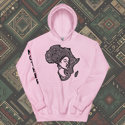 Pink Hoodie featuring a woman's silhouette embedded in the African continent, with "MOTHER" printed on the right sleeve. Available in various colors and sizes (S-5XL).