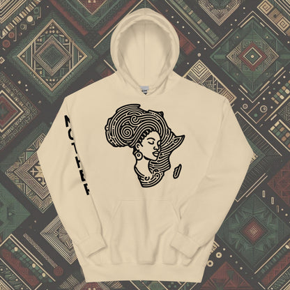 Sand Hoodie featuring a woman's silhouette embedded in the African continent, with "MOTHER" printed on the right sleeve. Available in various colors and sizes (S-5XL).