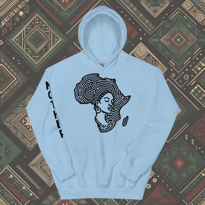 Light blue Hoodie featuring a woman's silhouette embedded in the African continent, with "MOTHER" printed on the right sleeve. Available in various colors and sizes (S-5XL).