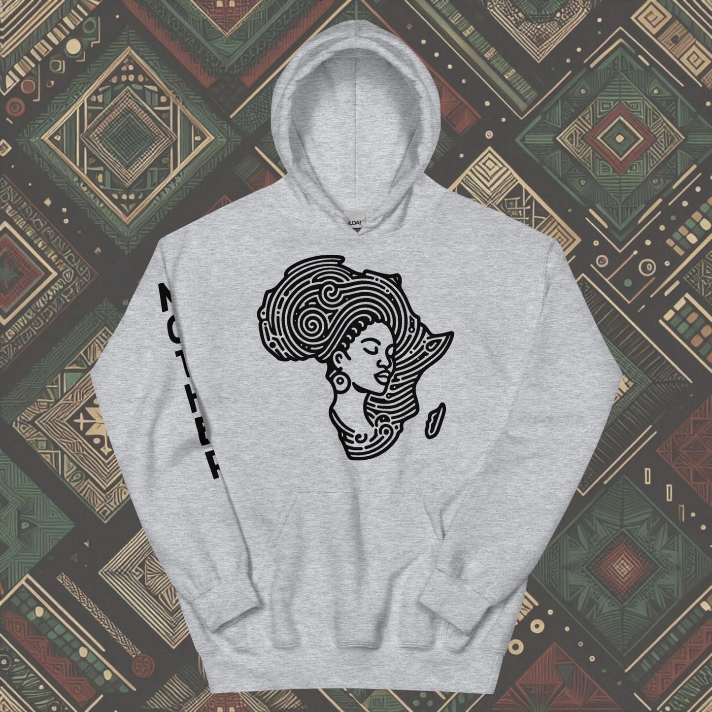 Sports grey Hoodie featuring a woman's silhouette embedded in the African continent, with "MOTHER" printed on the right sleeve. Available in various colors and sizes (S-5XL).