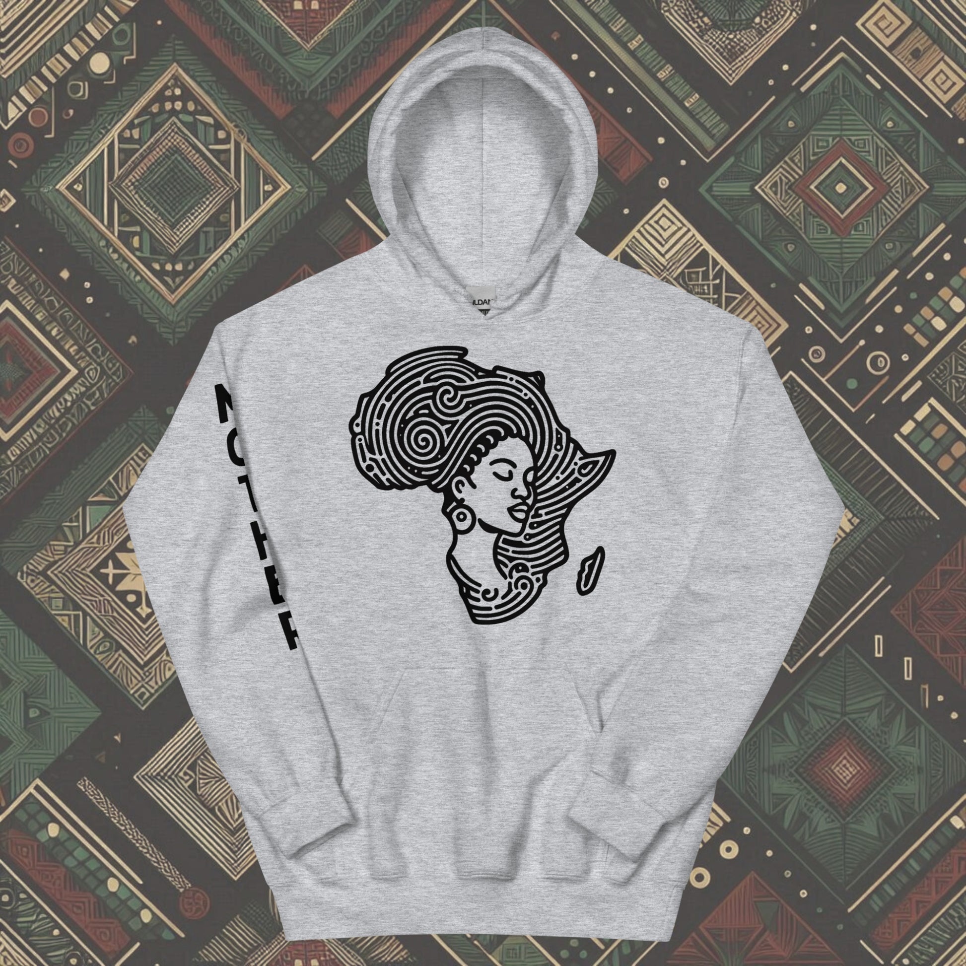 Sports grey Hoodie featuring a woman's silhouette embedded in the African continent, with "MOTHER" printed on the right sleeve. Available in various colors and sizes (S-5XL).
