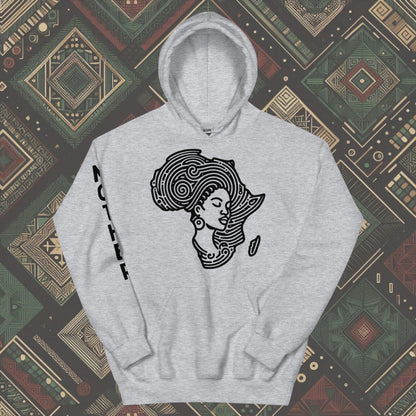 Sports grey Hoodie featuring a woman's silhouette embedded in the African continent, with "MOTHER" printed on the right sleeve. Available in various colors and sizes (S-5XL).