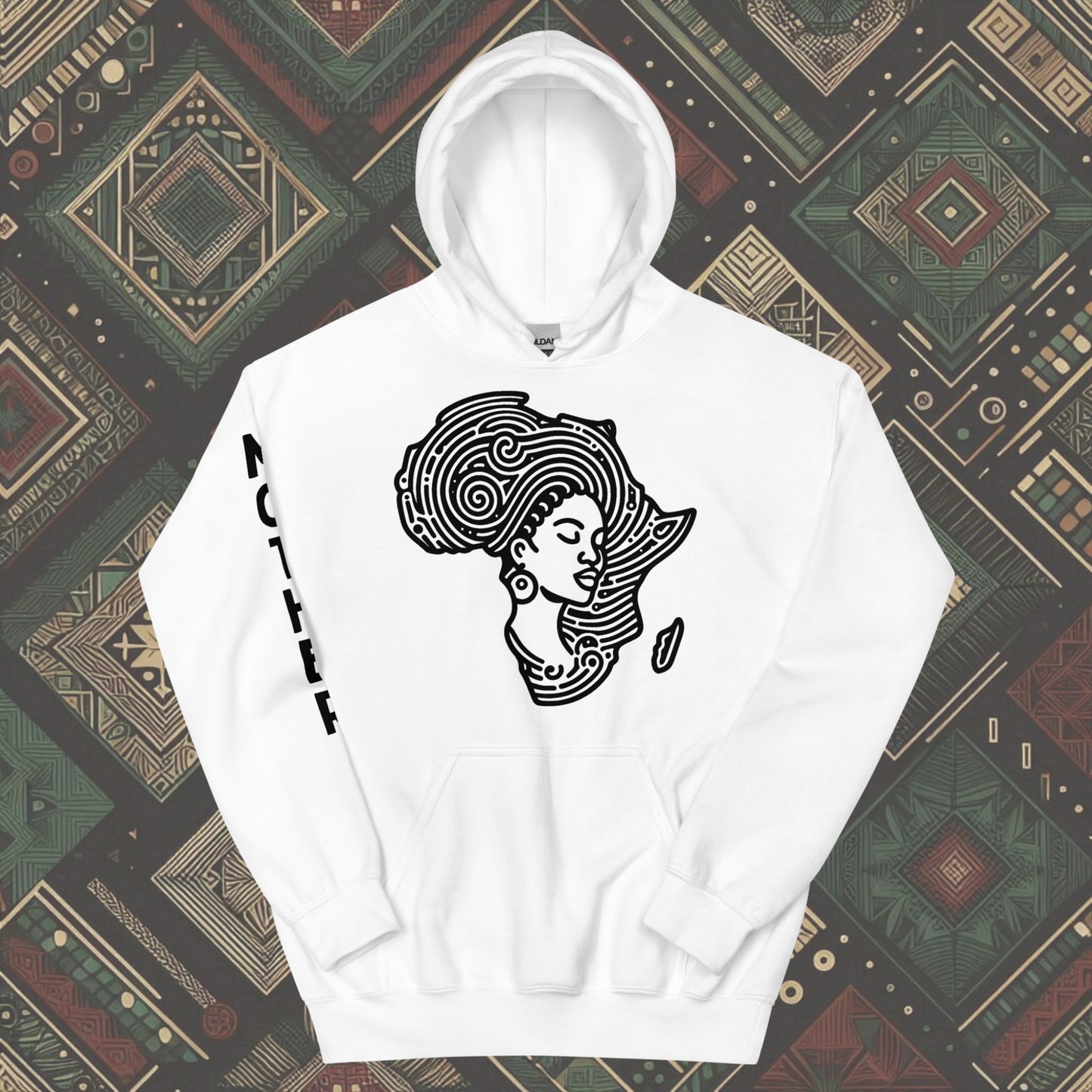 White Hoodie featuring a woman's silhouette embedded in the African continent, with "MOTHER" printed on the right sleeve. Available in various colors and sizes (S-5XL).