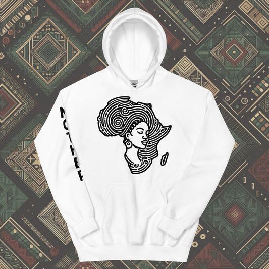 White Hoodie featuring a woman's silhouette embedded in the African continent, with "MOTHER" printed on the right sleeve. Available in various colors and sizes (S-5XL).