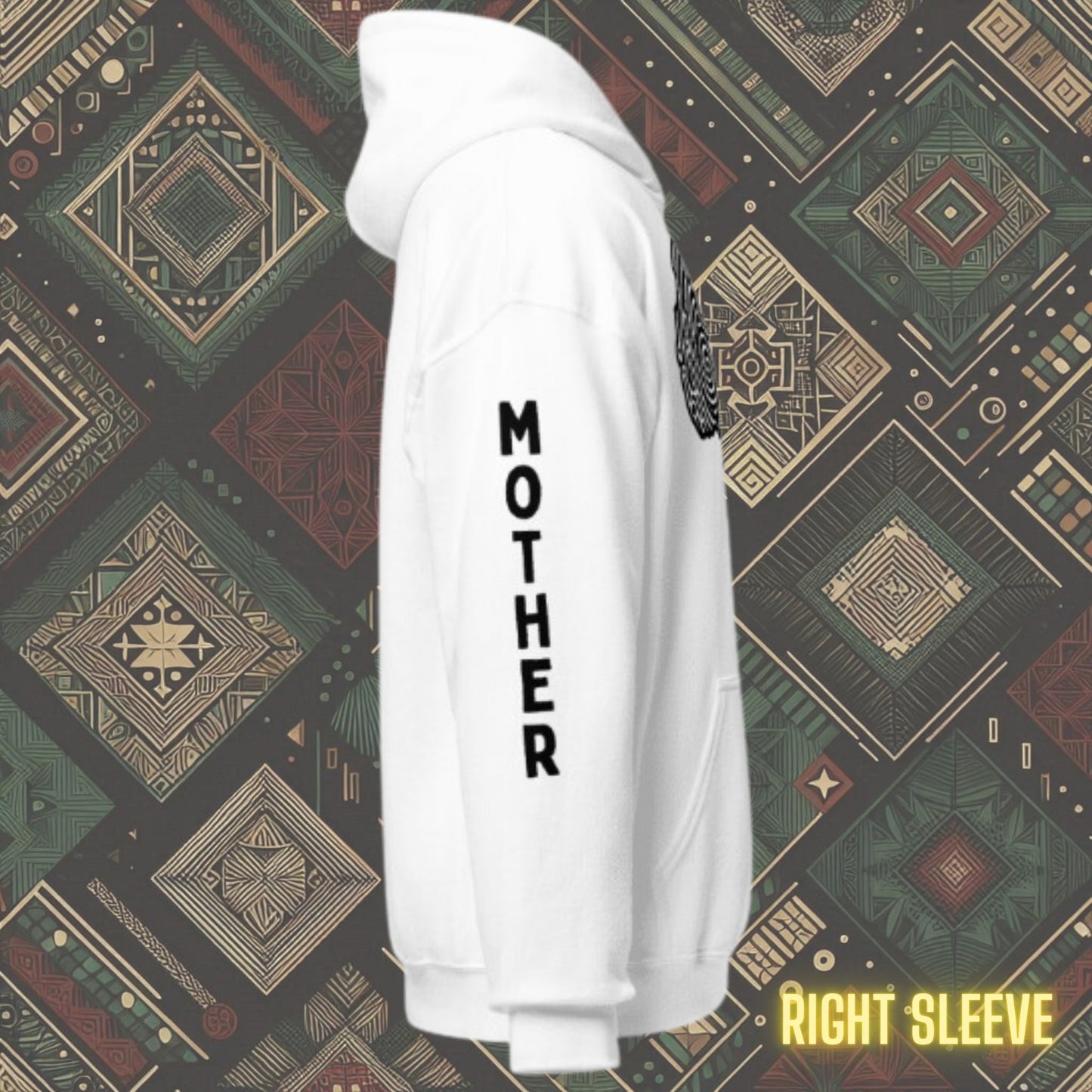 RIght sleeve of Hoodie featuring a woman's silhouette embedded in the African continent, with "MOTHER" printed on the right sleeve. Available in various colors and sizes (S-5XL).