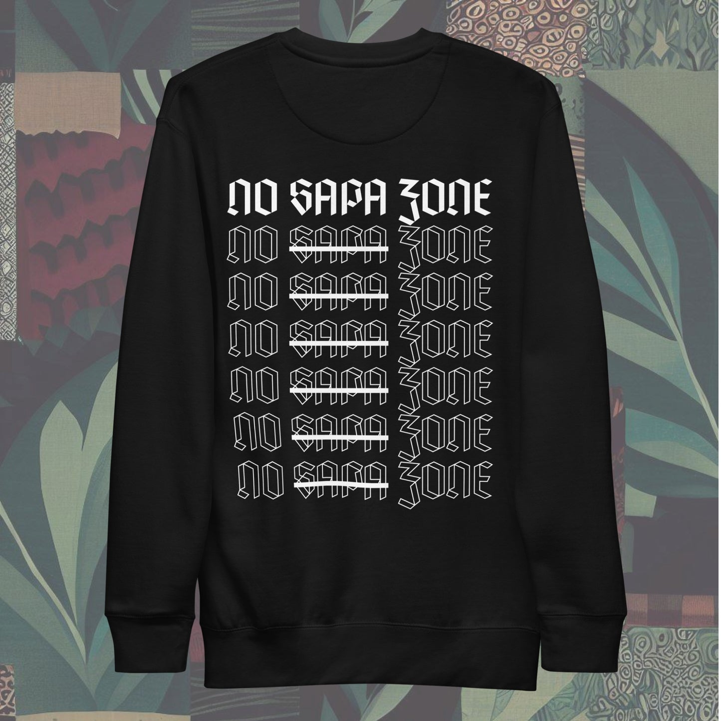 Back of sweatshirt featuring a front design of a bundle of cash in flames and NSZ and 'No Sapa Zone' written on the back. Bold statement piece perfect for showcasing a unique style.