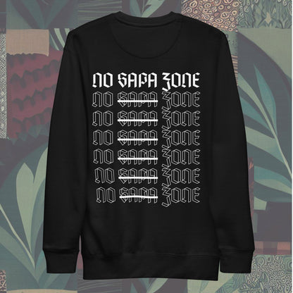 Back of sweatshirt featuring a front design of a bundle of cash in flames and NSZ and 'No Sapa Zone' written on the back. Bold statement piece perfect for showcasing a unique style.