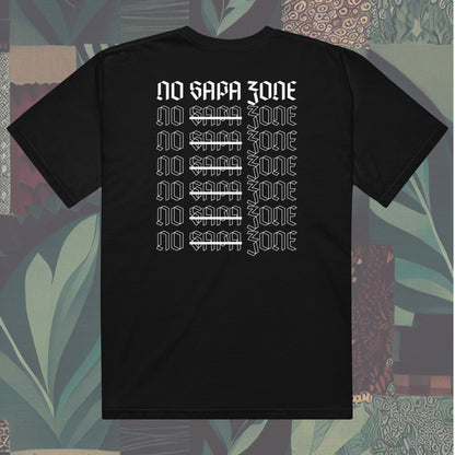BACK of T-SHIRT featuring a front design of a bundle of cash in flames and NSZ and 'No Sapa Zone' written on the back. Bold statement piece perfect for showcasing a unique style.