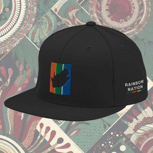 Black South Africa flag snapback with 'Rainbow Nation' written on the side. Features vibrant flag colors and a statement celebrating South Africa's diversity. Ideal for showcasing pride and enhancing your style.