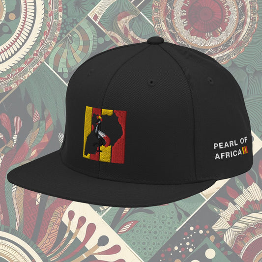 Black Uganda flag snapback with 'Pearl of Africa' written on the side. Vibrant flag colors and a stylish statement piece for showing pride and supporting unique fashion