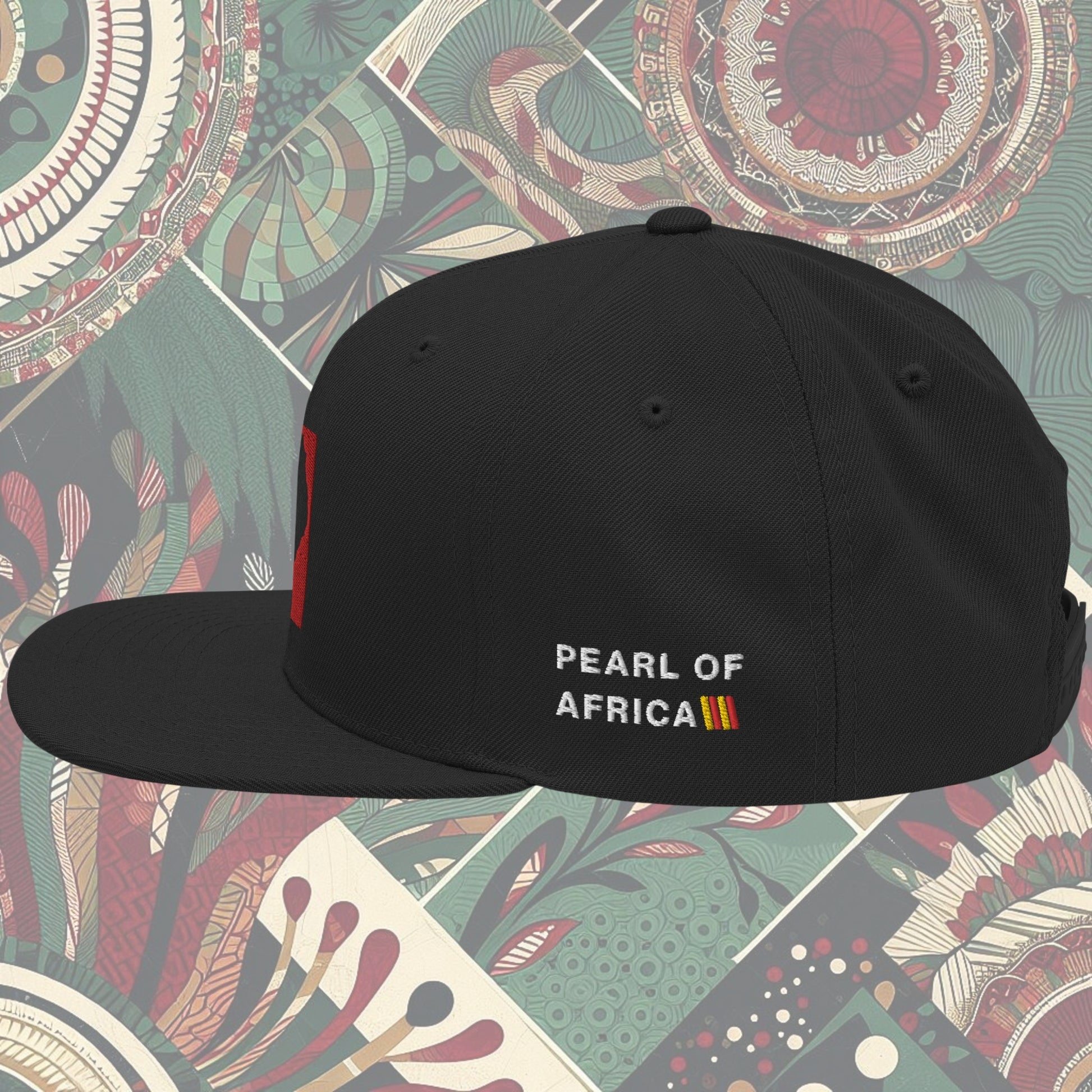 grey brim Uganda flag snapback with 'Pearl of Africa' written on the side. Vibrant flag colors and a stylish statement piece for showing pride and supporting unique fashion